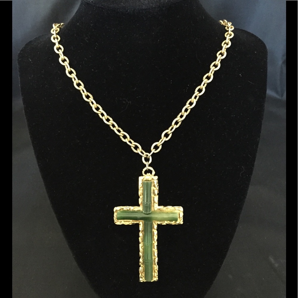 Vintage SWOBODA Mid-Century Dark Green Jade Cross Necklace